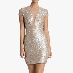 Dress the population XS gold sequin low cut mini cocktail party evening dress